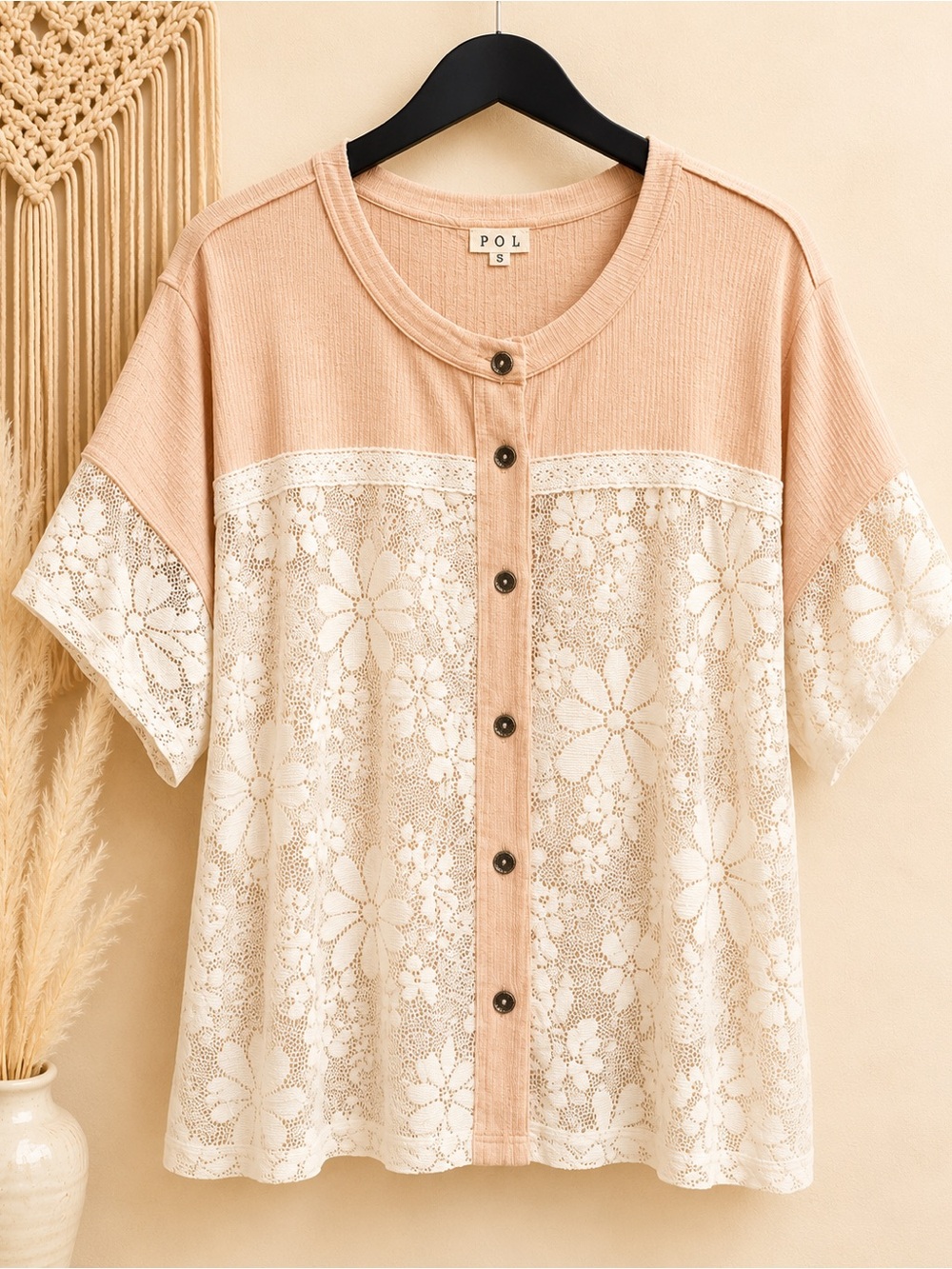 POL Blush & Ivory Floral Lace Button Front Boutique Boho Top Small